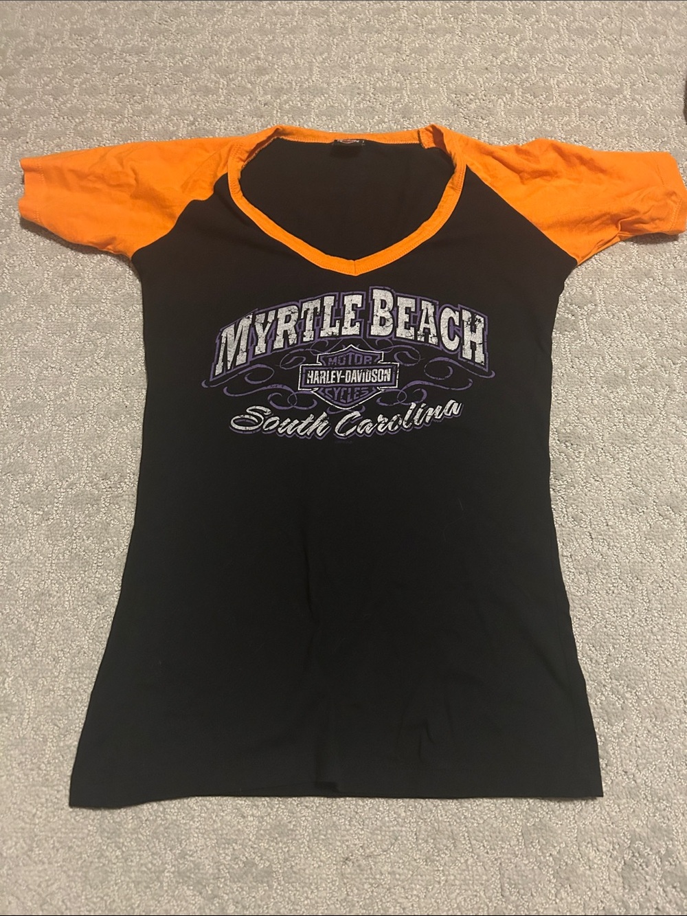 Harley-Davidson Myrtle Beach Black & Orange Raglan V-Neck Top